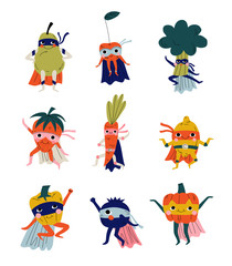 Obraz premium Collection of Funny Superhero Fruits and Vegetables Cartoon Characters in Masks and Capes Vector Illustration