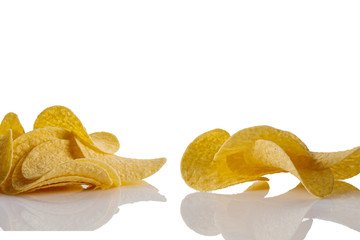Salty delicious potato chips isolated on white background