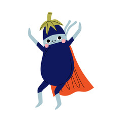 Cute Superhero Eggplant in Mask and Cape, Funny Vegetable Cartoon Character in Costume Vector Illustration