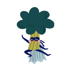 Cute Superhero Broccoli in Mask and Cape, Funny Vegetable Cartoon Character in Costume Vector Illustration
