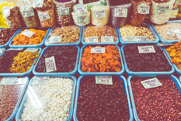 Russian market selling different types of nuts, seeds and dried fruits.