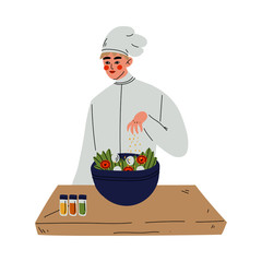 Professional Male Chef Cooking Salad, Kitchener Character Wearing Classic Traditional White Uniform Working in Restaurant or Cafe Vector Illustration