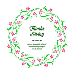 Fototapeta na wymiar Pattern card of thanksgiving, with green leaves frame and pink flower. Vector