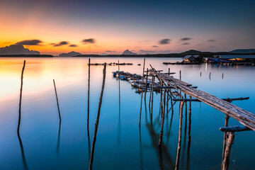 Beautiful natural sunrise at Fisherman village at Ban Sam Chong Tai in Phang-nga province Thailand.