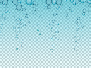 Blue underwater bubbles, bubbling air on a transparent background. Effervescent air bubbles of water in the sea, ocean, liquid in river ponds, aquariums. Vector illustration isolated.
