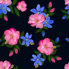Fototapeta premium Seamless pattern with blooming pink rose flower