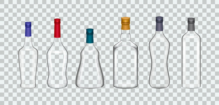 Transparent realistic templates glasses bottles mock up: wine, cognac, whiskey, vodka, tequila, champagne, beer, martini, liquor. Glass package mockup alcoholic beverage on background vector