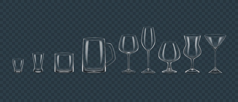 Transparent realistic templates alcohol glasses mugs mock up. Template, glass package, mockup, layout, breadboard, empty glasses and mugs, for different drinks. Vector illustration.