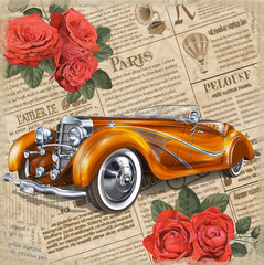 Retro car on vintage newspaper background.