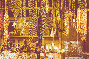Amber pendants and necklaces at the street market of Curonian Spit, Kaliningrad region, Russia.
