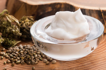 Cannabis oinment natural product. Cosmetic cream from natural hemp, moisturizing lotion with CBD...