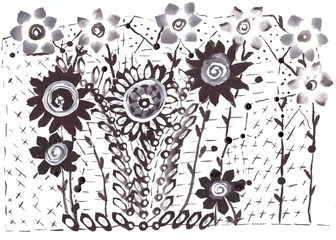 Drawing with watercolors: Abstraction. Black flowers.