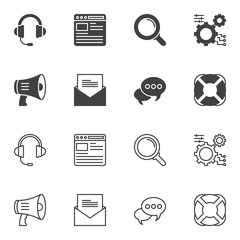 Support icon set line and glyph version, outline and filled vector sign. linear and full pictogram. Symbol, logo illustration. Set includes icons as support headphones, bullhorn, setting gears, email