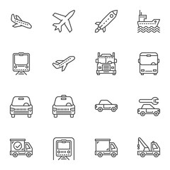 Transportation line icons set. linear style symbols collection, outline signs pack. vector graphics. Set includes icons as spaceship, airplane, railway train, taxi car, metro, delivery truck, ship