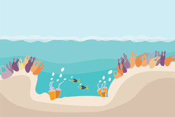 Fototapeta na wymiar Plastic anemones and glasses under sea with fish, plastic pollution concept