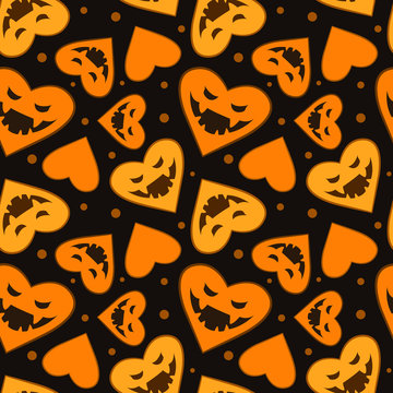 Vector seamless Halloween pattern. Scary hearts on  dark brown background. Halloween design for greeting card, gift box, wallpaper, fabric, web design.