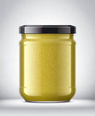 Glass Jar with Mustard on Background. 