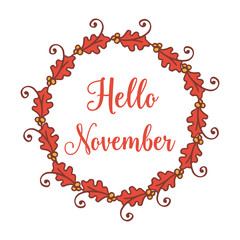 Lettering hello november on white backdrop, with decorative of autumn leaf frame. Vector