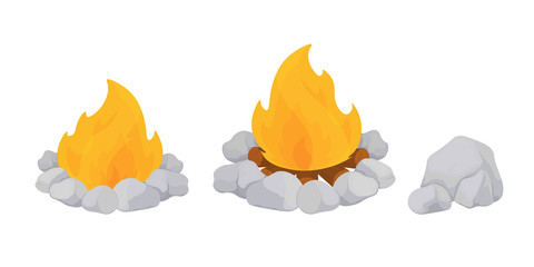 Vector illustration of cartoon bonfire with burning flames and stones around.