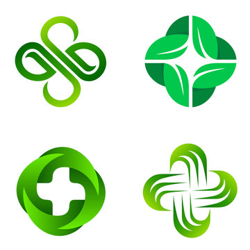Set of vector logo pharmacy. Abstract green cross. Eco, bio, organic emblem.