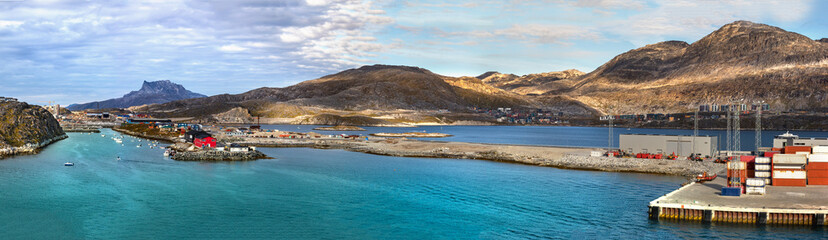 Panoramic view of the city, port and harbour of Nuuk in Greenland.