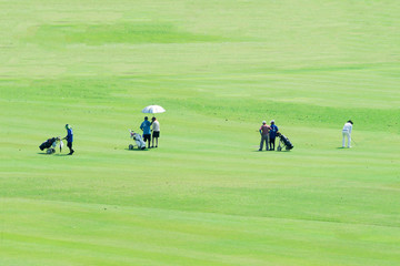Group of people playing golf on a sunny day.