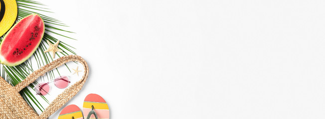 Composition with watermelon, beach accessories and space for text on white background, flat lay