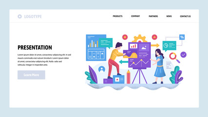 Vector web site design template. Business presentation and financial charts. Teamwork meeting. Landing page concepts for website and mobile development. Modern flat illustration