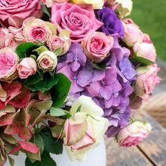 Wedding floral arrangement with peonies, hortensia, chrysanthemums and eustoma. flowers.
