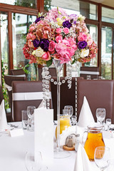 Wedding floral arrangement with peonies, hortensia, chrysanthemums and eustoma. flowers.