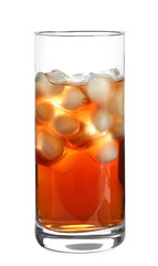 Glass of refreshing iced tea on white background