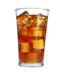 Glass of tasty iced tea on white background