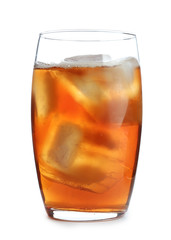 Glass of refreshing iced tea on white background