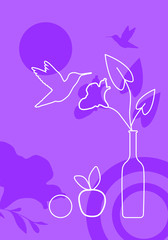 Beautiful illustration on purple background with vase with flower, apple, flying Hummingbird.
