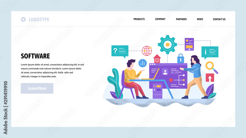 Poster vector web site design template. software project development. team of coders work together. landing