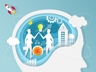Paper cut business opportunities concept illustration. Businessman is searching the ability in brain with telescope. Paper art style vector illustration. Elements are layered separately in vector file