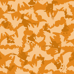 Halloween seamless pattern. Witches and bats on an orange background. Scary endless texture for fabric, paper.