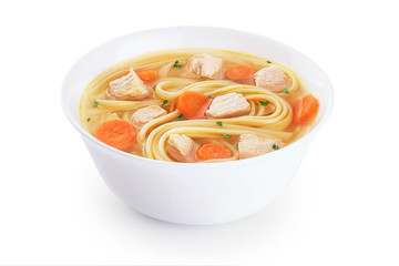Chicken noodle soup isolated on white background.