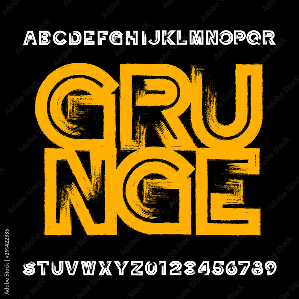 Fototapete damaged grunge alphabet font. messy uppercase letters and numbers. vector typescript for your typogr