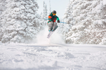 Fototapeta na wymiar Skier freerides and jumps in snowy forest