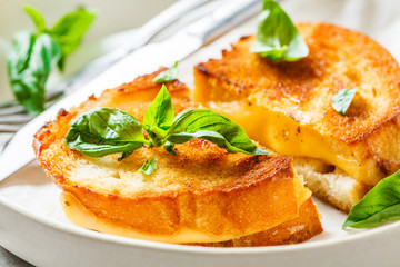Fried sandwiches with cheese and basil on white plate.
