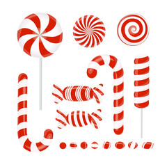 Vector set of red candies. Caramel, Lollipop, Lollipop, striped candy on white
