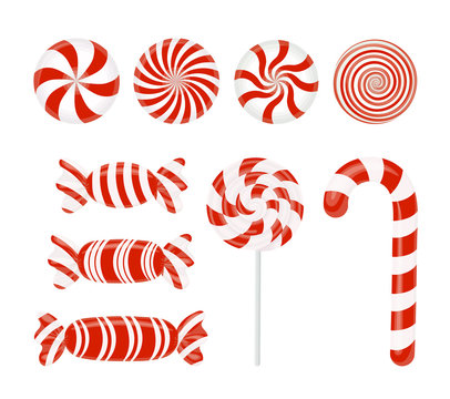 Vector set of red candies. Caramel, Lollipop, Lollipop, striped candy on white