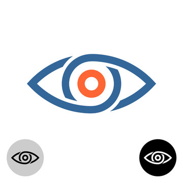 Stylized eye logo. Chain segments or drops around apple of eye. Tech theme symbol.