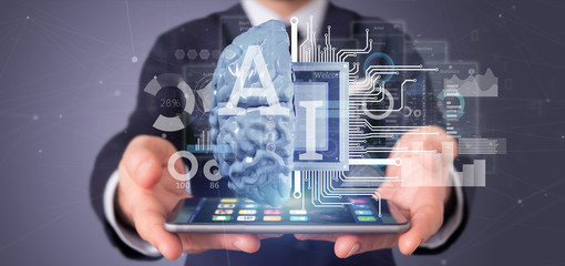 Business man holding artificial intelligence icon with half brain and half circuit 3d rendering