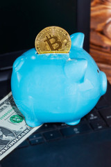 bitcoin and piggy Bank. the concept of virtual cryptocurrency preservation.