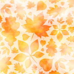 Golden autumn. Watercolor background. Autumn background with maple oak and chestnut leaves 