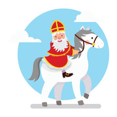 Illustration of Saint Nicholas riding his horse in white background