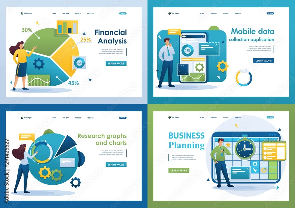 Poster set flat 2d concepts financial analysis, data collection application, business planning, graphs and 