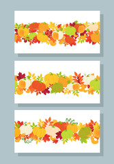 Botanical set horizontal seamless background with pumpkins and autumn leaves isolated on white background.